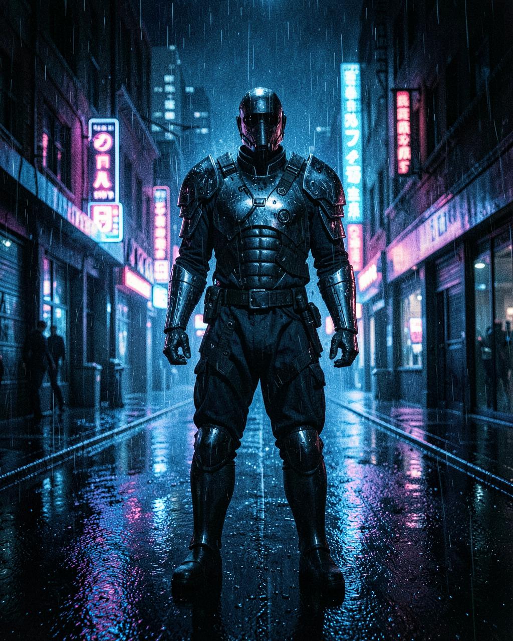 Stylised game key art of a lone figure in a neon-lit city